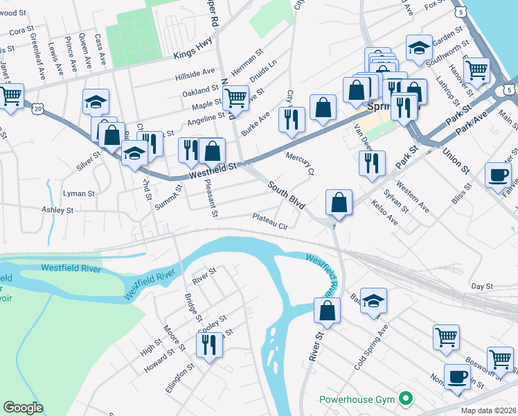 map of restaurants, bars, coffee shops, grocery stores, and more near 42 Worthy Avenue in West Springfield