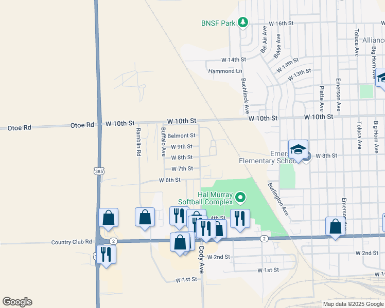 map of restaurants, bars, coffee shops, grocery stores, and more near D12 Buffalo Avenue in Alliance