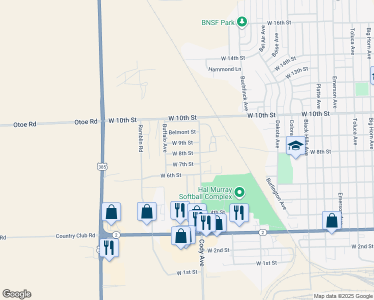 map of restaurants, bars, coffee shops, grocery stores, and more near D12 Buffalo Avenue in Alliance