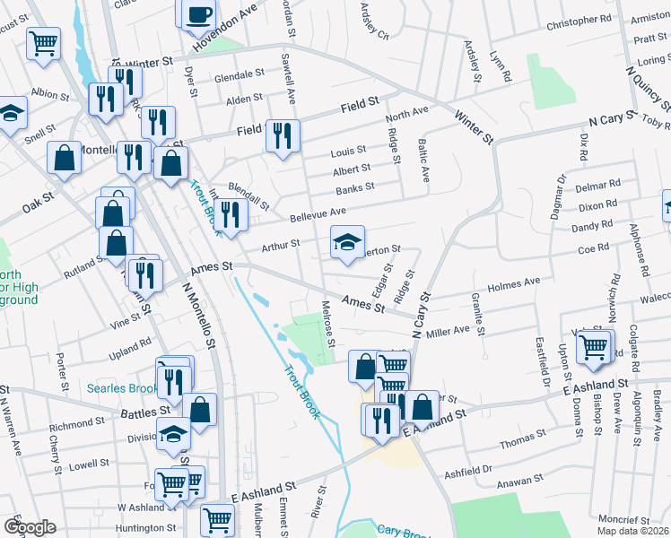 map of restaurants, bars, coffee shops, grocery stores, and more near 26 Saint Casimir Avenue in Brockton