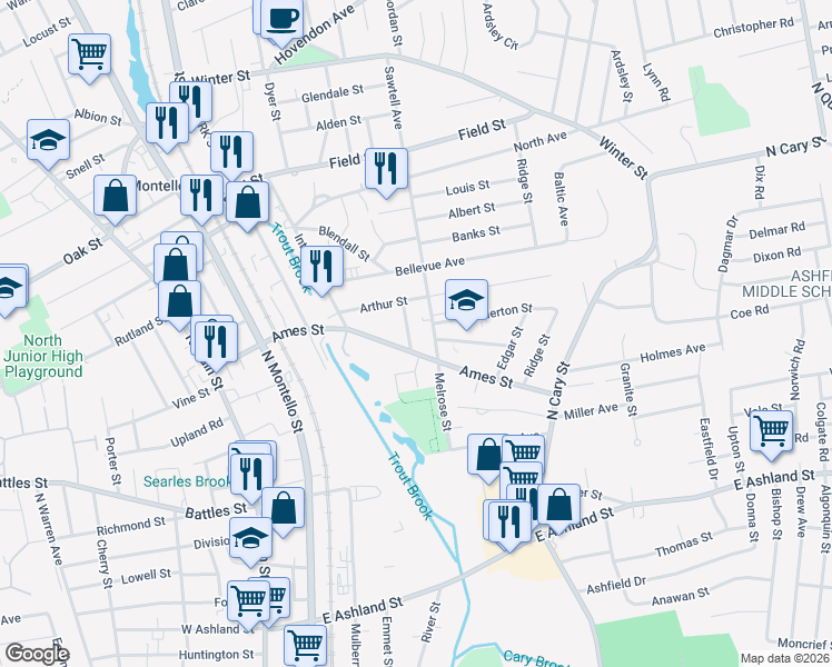 map of restaurants, bars, coffee shops, grocery stores, and more near 18 Sawtell Avenue in Brockton
