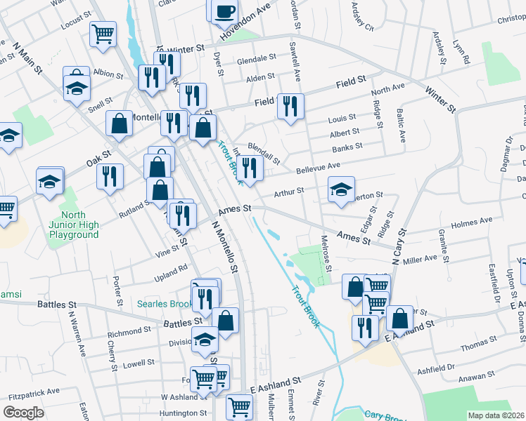 map of restaurants, bars, coffee shops, grocery stores, and more near 123 Fletcher Street in Brockton