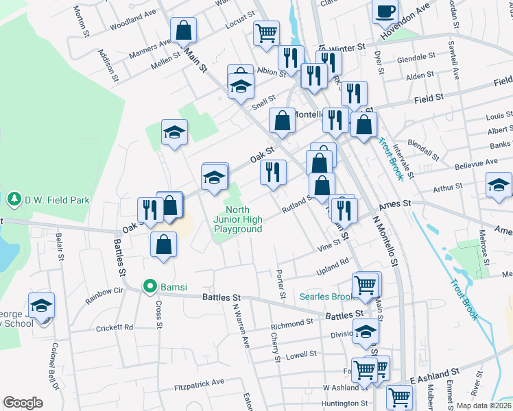 map of restaurants, bars, coffee shops, grocery stores, and more near 80 Herrod Avenue in Brockton