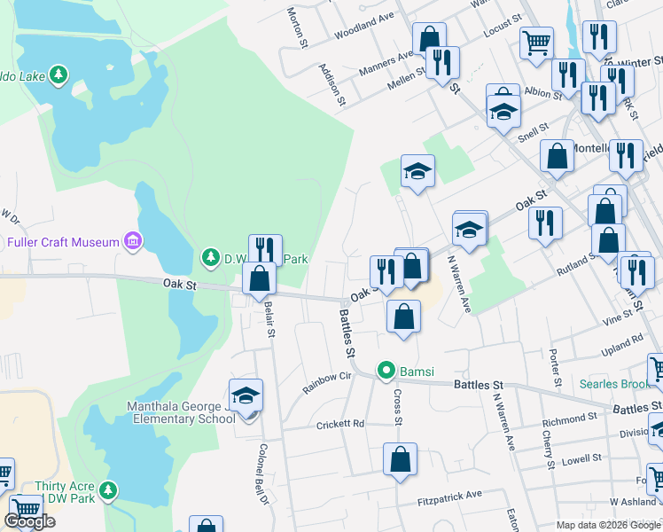 map of restaurants, bars, coffee shops, grocery stores, and more near 448 Battles Street in Brockton