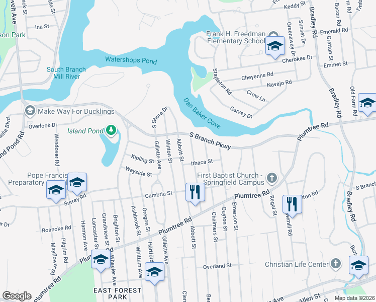 map of restaurants, bars, coffee shops, grocery stores, and more near 389 Abbott Street in Springfield