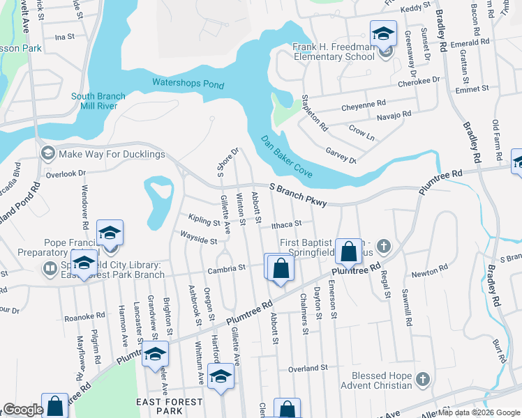 map of restaurants, bars, coffee shops, grocery stores, and more near 389 Abbott Street in Springfield