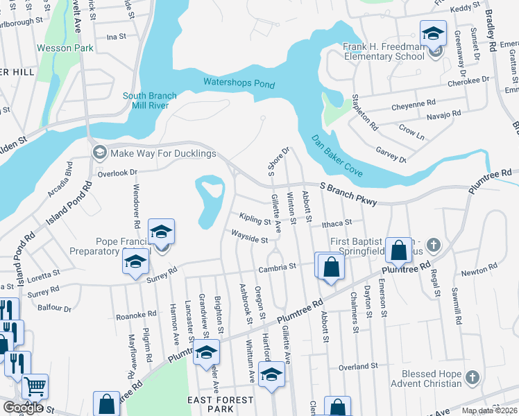 map of restaurants, bars, coffee shops, grocery stores, and more near 51 Arvesta Street in Springfield