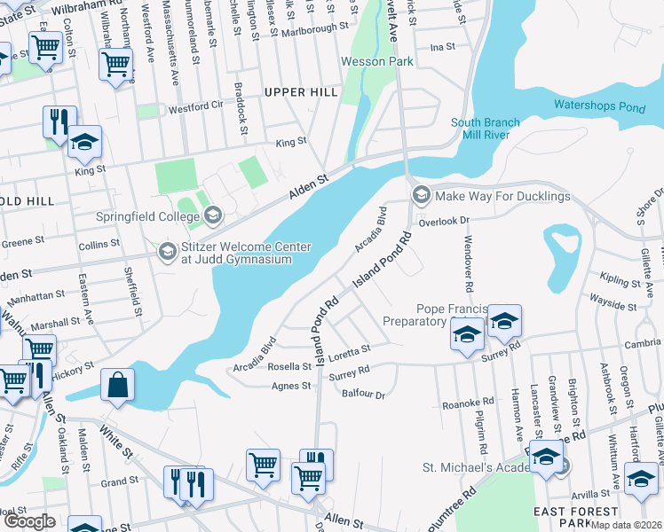map of restaurants, bars, coffee shops, grocery stores, and more near 196 Arcadia Boulevard in Springfield