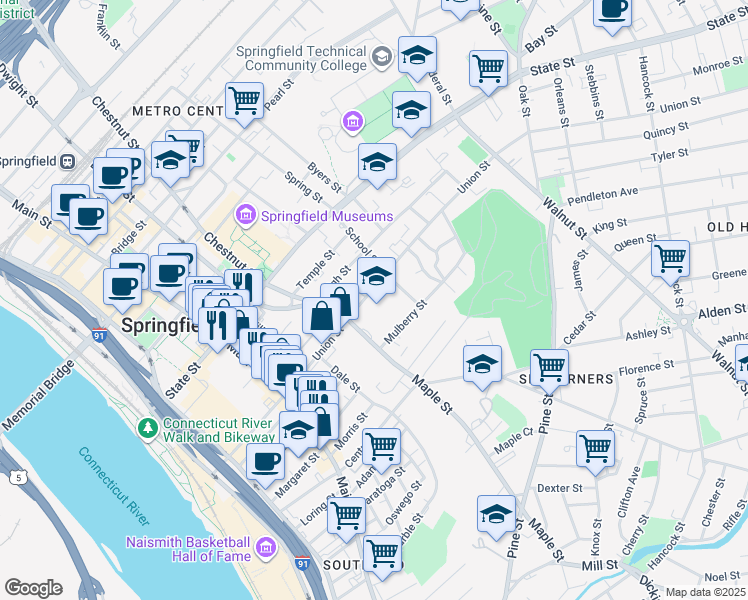 map of restaurants, bars, coffee shops, grocery stores, and more near 263 Union Street in Springfield
