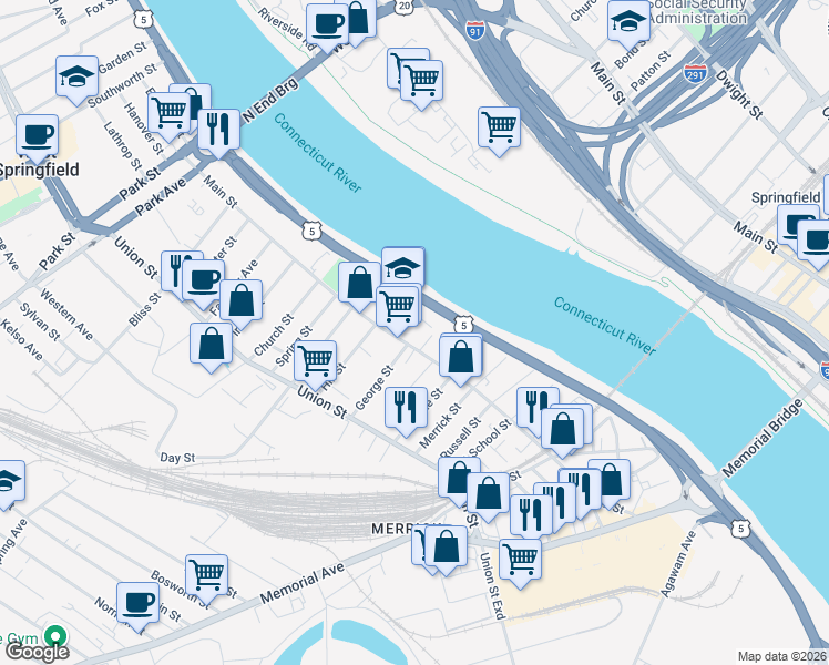 map of restaurants, bars, coffee shops, grocery stores, and more near 553 Main Street in West Springfield