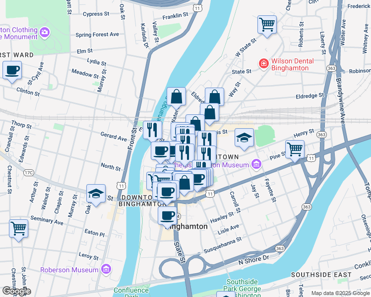 map of restaurants, bars, coffee shops, grocery stores, and more near 250 Washington Street in Binghamton
