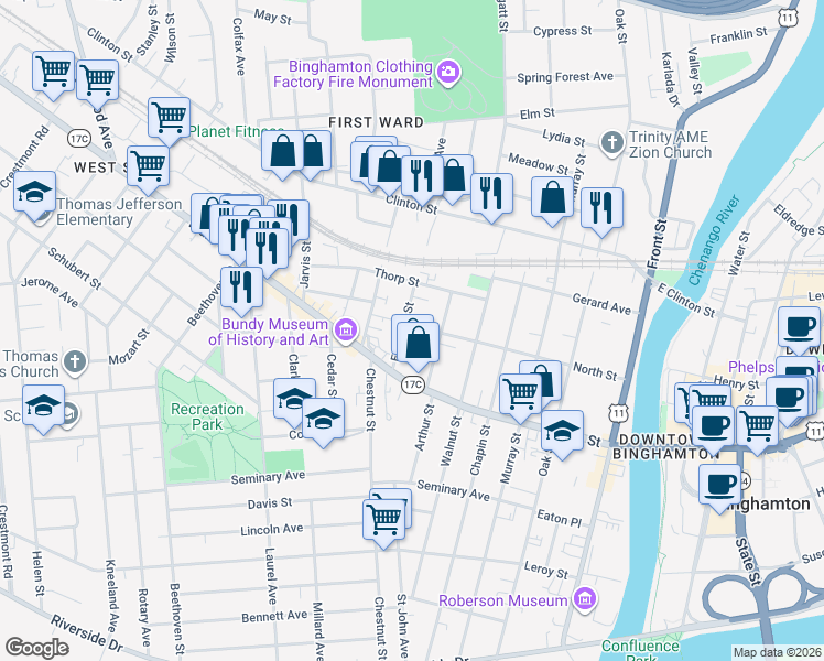 map of restaurants, bars, coffee shops, grocery stores, and more near 14 Edwards Street in Binghamton