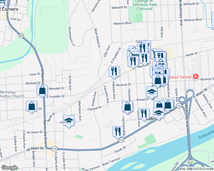 map of restaurants, bars, coffee shops, grocery stores, and more near 1 Parsons Avenue in Endicott