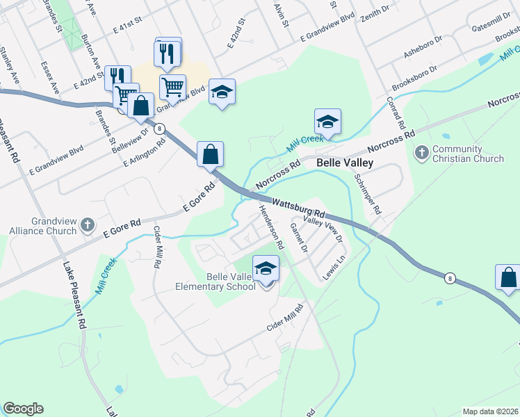 map of restaurants, bars, coffee shops, grocery stores, and more near 1469 Bear Creek Lane in Erie