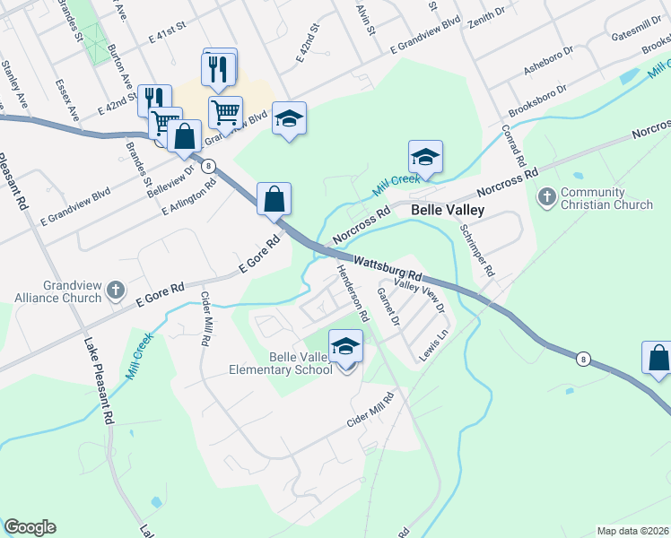 map of restaurants, bars, coffee shops, grocery stores, and more near 1469 Bear Creek Lane in Erie