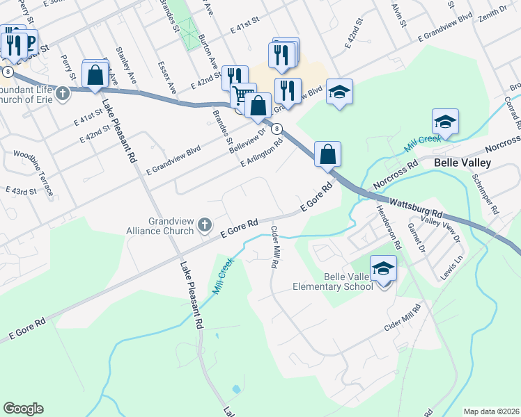 map of restaurants, bars, coffee shops, grocery stores, and more near 1206 East Gore Road in Erie