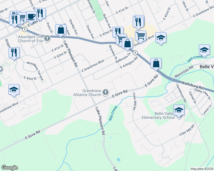 map of restaurants, bars, coffee shops, grocery stores, and more near 1123 Sara Ct in Erie