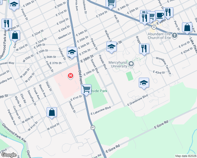 map of restaurants, bars, coffee shops, grocery stores, and more near 4014 Sunset Boulevard in Erie