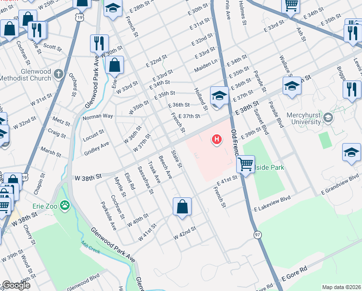 map of restaurants, bars, coffee shops, grocery stores, and more near 3817 State Street in Erie