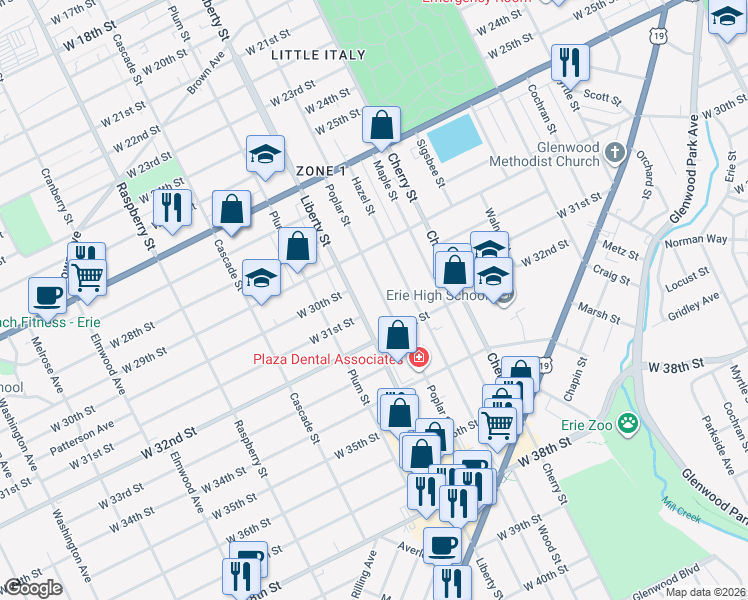 map of restaurants, bars, coffee shops, grocery stores, and more near 3017 Liberty Street in Erie