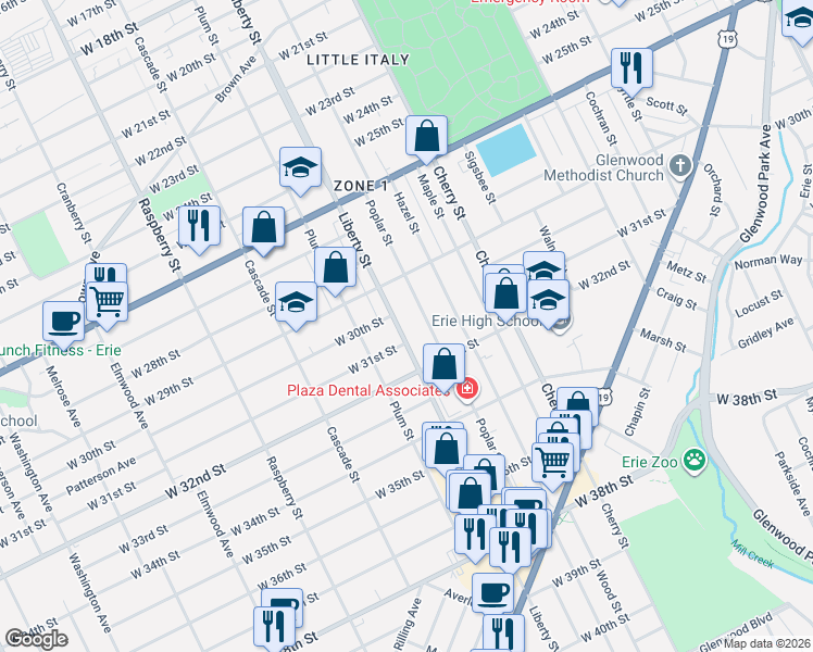 map of restaurants, bars, coffee shops, grocery stores, and more near 3017 Liberty Street in Erie