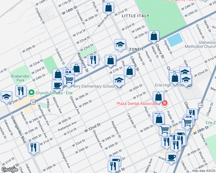 map of restaurants, bars, coffee shops, grocery stores, and more near 1027 West 28th Street in Erie
