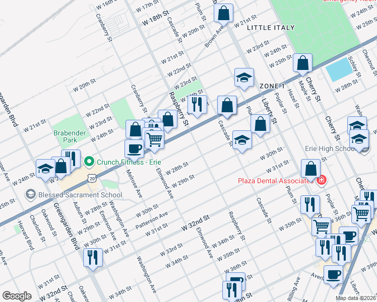 map of restaurants, bars, coffee shops, grocery stores, and more near 1125 West 27th Street in Erie