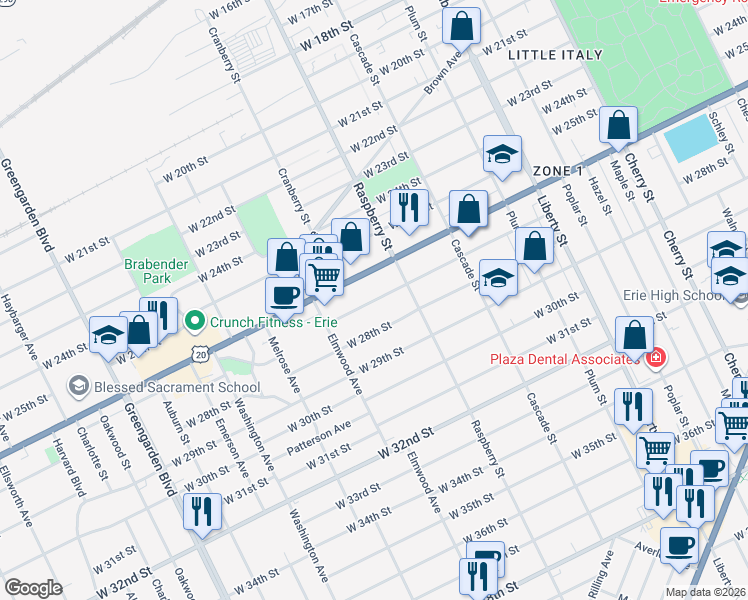 map of restaurants, bars, coffee shops, grocery stores, and more near 1125 West 27th Street in Erie