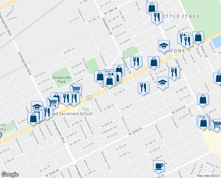 map of restaurants, bars, coffee shops, grocery stores, and more near 1215 West 26th Street in Erie