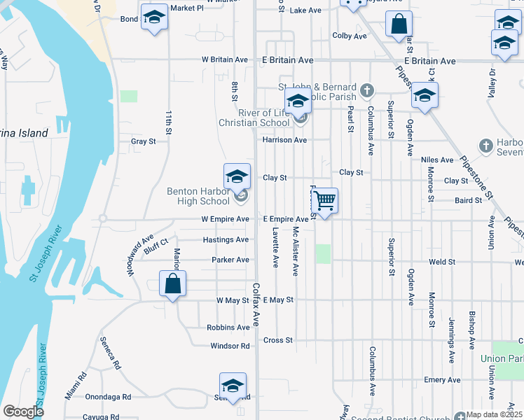 map of restaurants, bars, coffee shops, grocery stores, and more near 101 East Empire Avenue in Benton Harbor