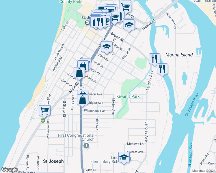 map of restaurants, bars, coffee shops, grocery stores, and more near in St. Joseph