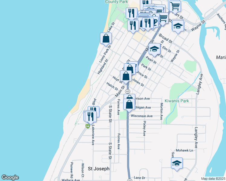 map of restaurants, bars, coffee shops, grocery stores, and more near 1208 Main Street in St. Joseph