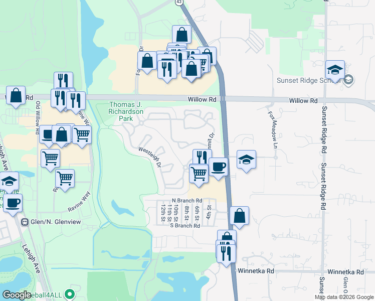 map of restaurants, bars, coffee shops, grocery stores, and more near 1805 Camden Drive in Glenview