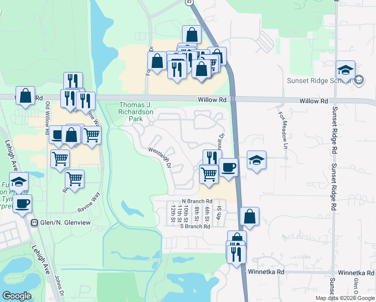 map of restaurants, bars, coffee shops, grocery stores, and more near 1805 Camden Drive in Glenview