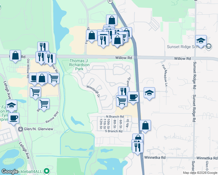 map of restaurants, bars, coffee shops, grocery stores, and more near 1805 Camden Drive in Glenview