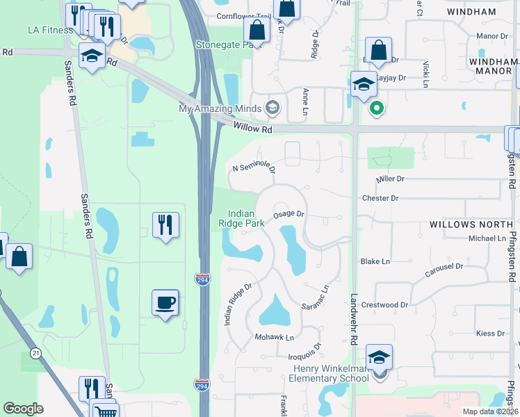 map of restaurants, bars, coffee shops, grocery stores, and more near 2514 Osage Drive in Glenview