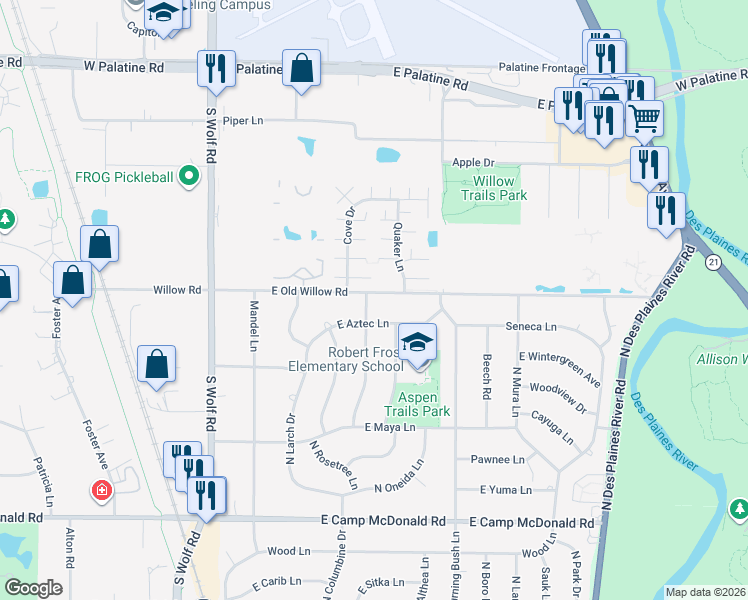 map of restaurants, bars, coffee shops, grocery stores, and more near 1807 East Old Willow Road in Mount Prospect