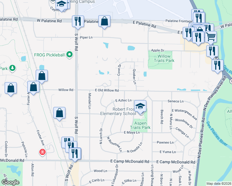 map of restaurants, bars, coffee shops, grocery stores, and more near 1727 East Seminole Lane in Mount Prospect