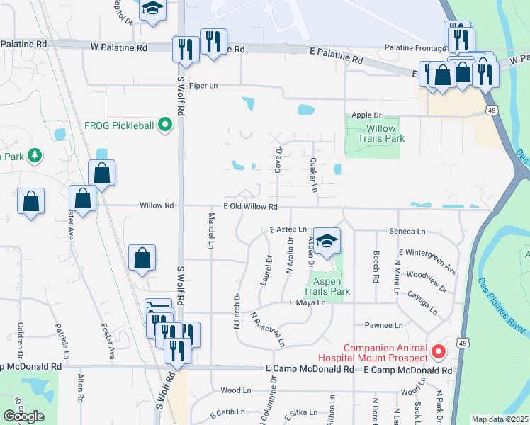 map of restaurants, bars, coffee shops, grocery stores, and more near 1717 East Seminole Lane in Mount Prospect