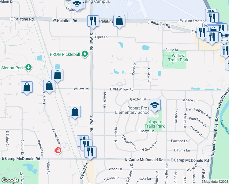 map of restaurants, bars, coffee shops, grocery stores, and more near 1709 East Seminole Lane in Mount Prospect