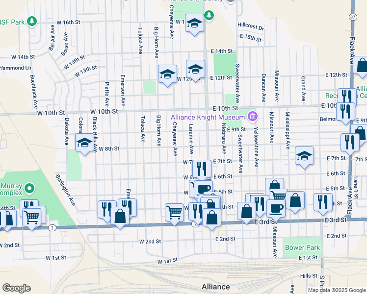 map of restaurants, bars, coffee shops, grocery stores, and more near 249 West 8th Street in Alliance