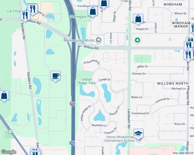 map of restaurants, bars, coffee shops, grocery stores, and more near 2514 Osage Drive in Glenview