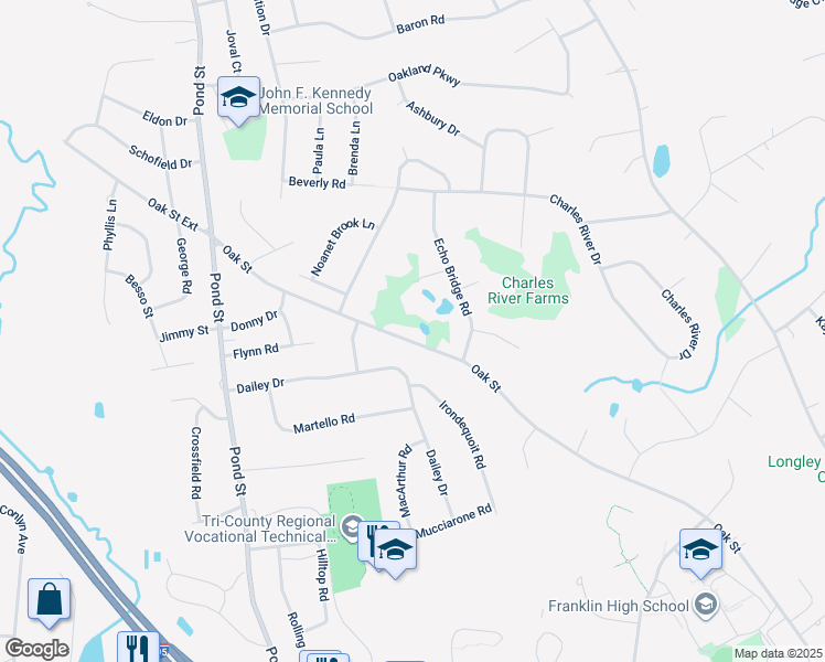 map of restaurants, bars, coffee shops, grocery stores, and more near 575 Oak Street in Franklin
