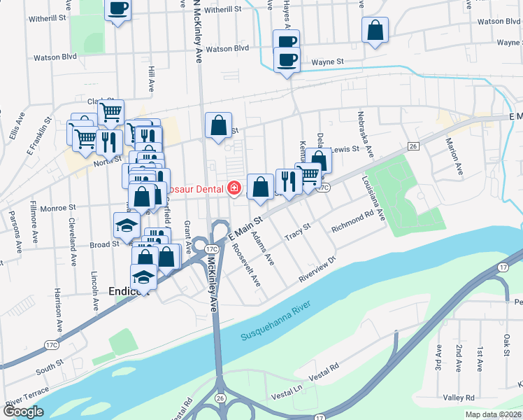 map of restaurants, bars, coffee shops, grocery stores, and more near 1805 East Main Street in Endicott