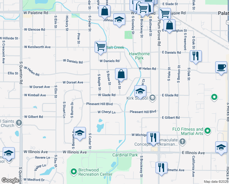 map of restaurants, bars, coffee shops, grocery stores, and more near 236 W Glade Rd in Palatine