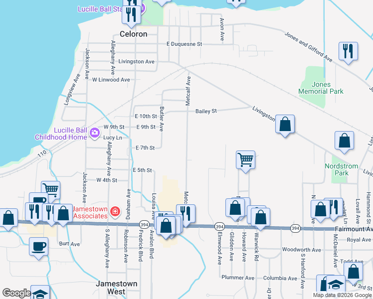 map of restaurants, bars, coffee shops, grocery stores, and more near Metcalf Avenue in Jamestown