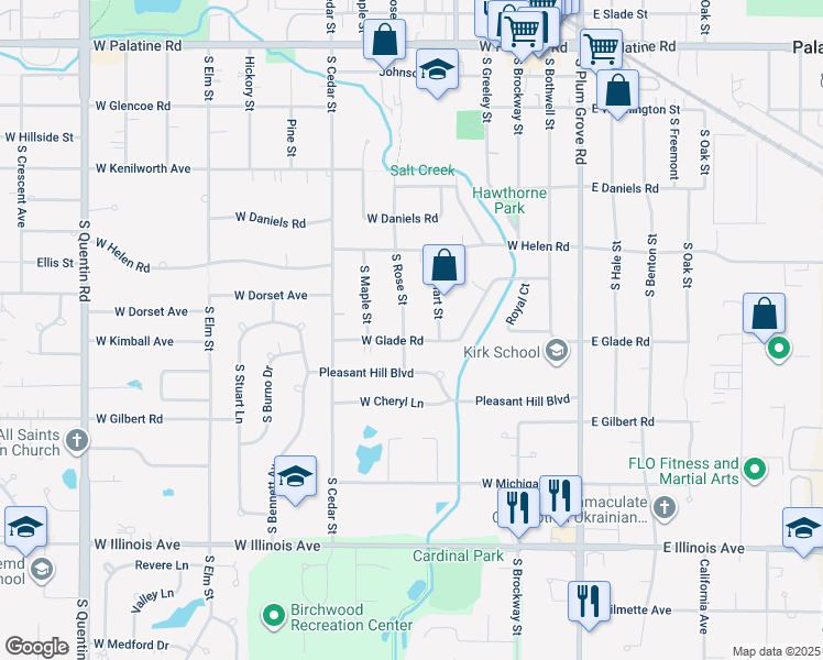 map of restaurants, bars, coffee shops, grocery stores, and more near 236 West Glade Road in Palatine