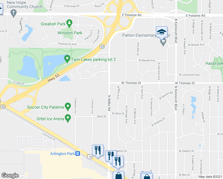 map of restaurants, bars, coffee shops, grocery stores, and more near 1421 North Wilke Road in Arlington Heights