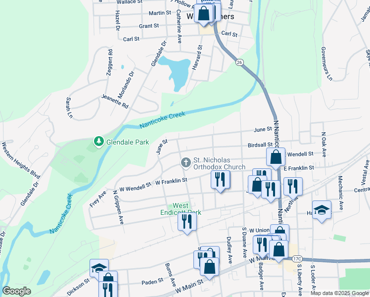 map of restaurants, bars, coffee shops, grocery stores, and more near 421 Birdsall Street in Endicott