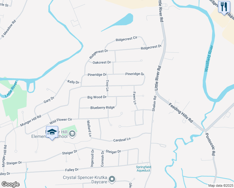 map of restaurants, bars, coffee shops, grocery stores, and more near 37 Big Wood Drive in Westfield